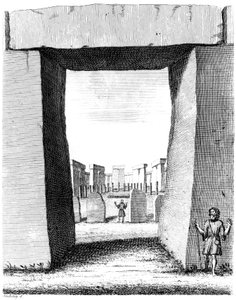 Uitzicht door Stonehenge trilithon, 1740 door William Stukeley